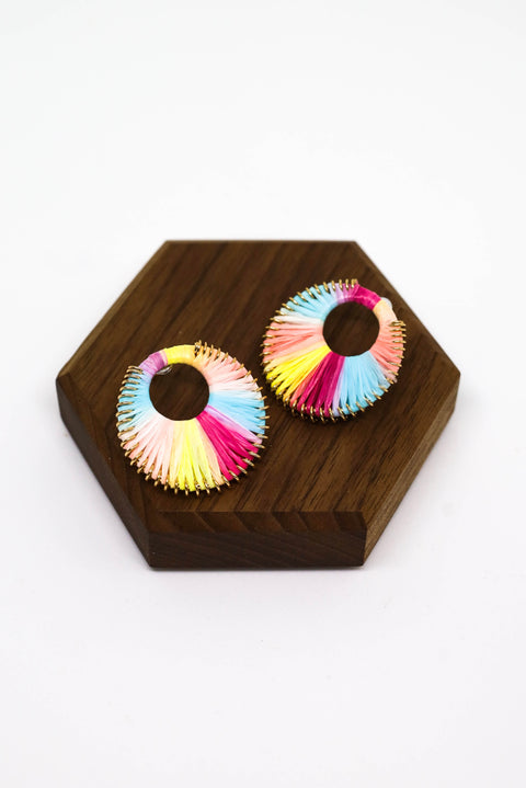 Candy Rainbow Cotton Thread Handwoven Round Stud Earrings